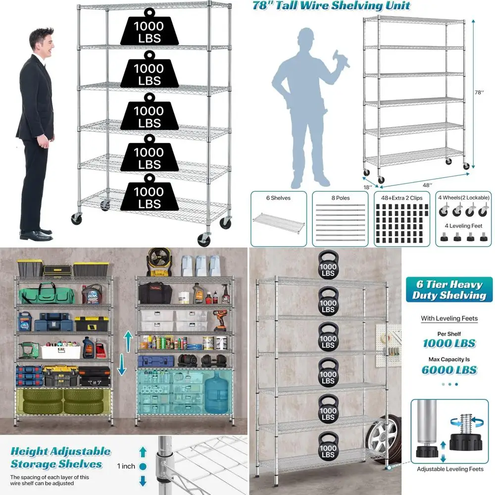 Heavy-Duty 6-Tier Steel Wire Shelving Unit with Wheels, 6000lb Capacity, Adjustable NSF-Approved Garage Storage Rack