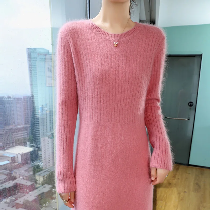 

Autumn and winter new women's 100% mink cashmere sweater crewneck knitted skirt Fashion striped warm romantic dress