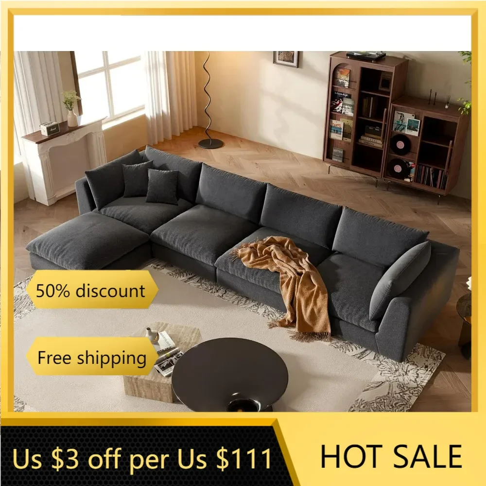 Sofa Couch,Cloud Modular Couch with Ottoman, L Shaped Convertible Couch Deep Seat Couches  5 Seater-Black Living Room Sofas