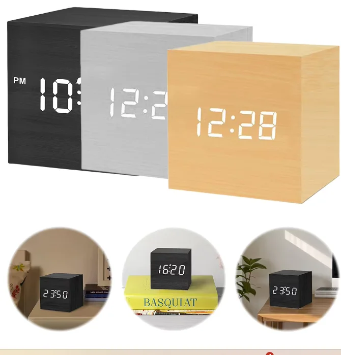 Wood Retro Square Digital LED Alarm Clock Voice Control Glow Desk Clock Snooze Function Desktop Table Decor