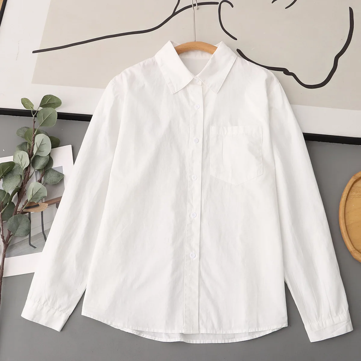 Cotton Autumn Long Sleeve Shirt WOMEN Solid Color Base OL White Shirt Office Lady Fashion Turndown Collar Women’s Blouse