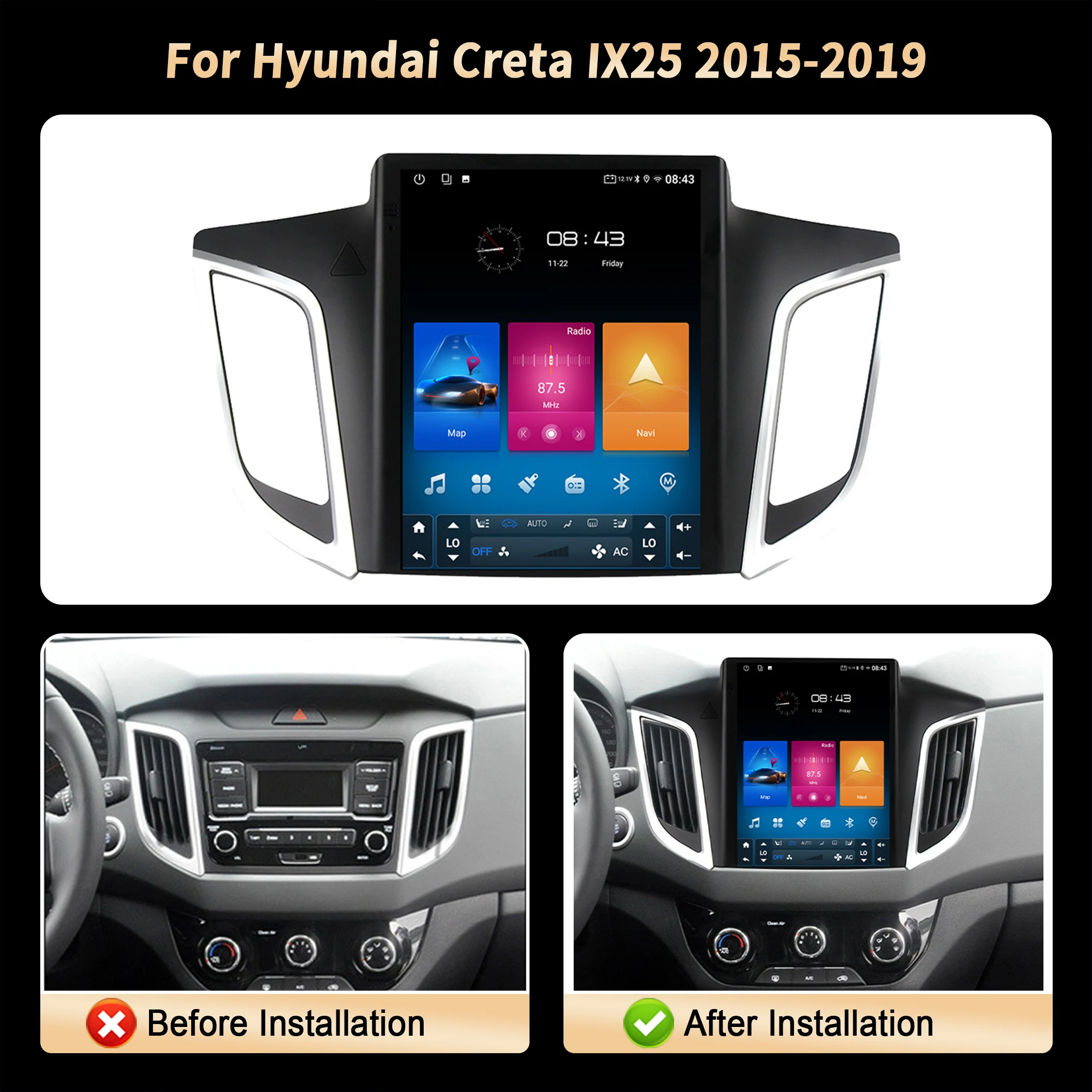 9.7inch Android For Hyundai Creta IX25 2015 2016 2017-2019 Car Radio Multimedia Navigation system GPS Carplay QLED Screen