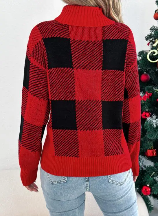 

Women's Hoodies Elegant Sweater 2025 Autumn/winter Casual Color Contrasting Checkered Lantern Long Sleeve High Collar Sweater