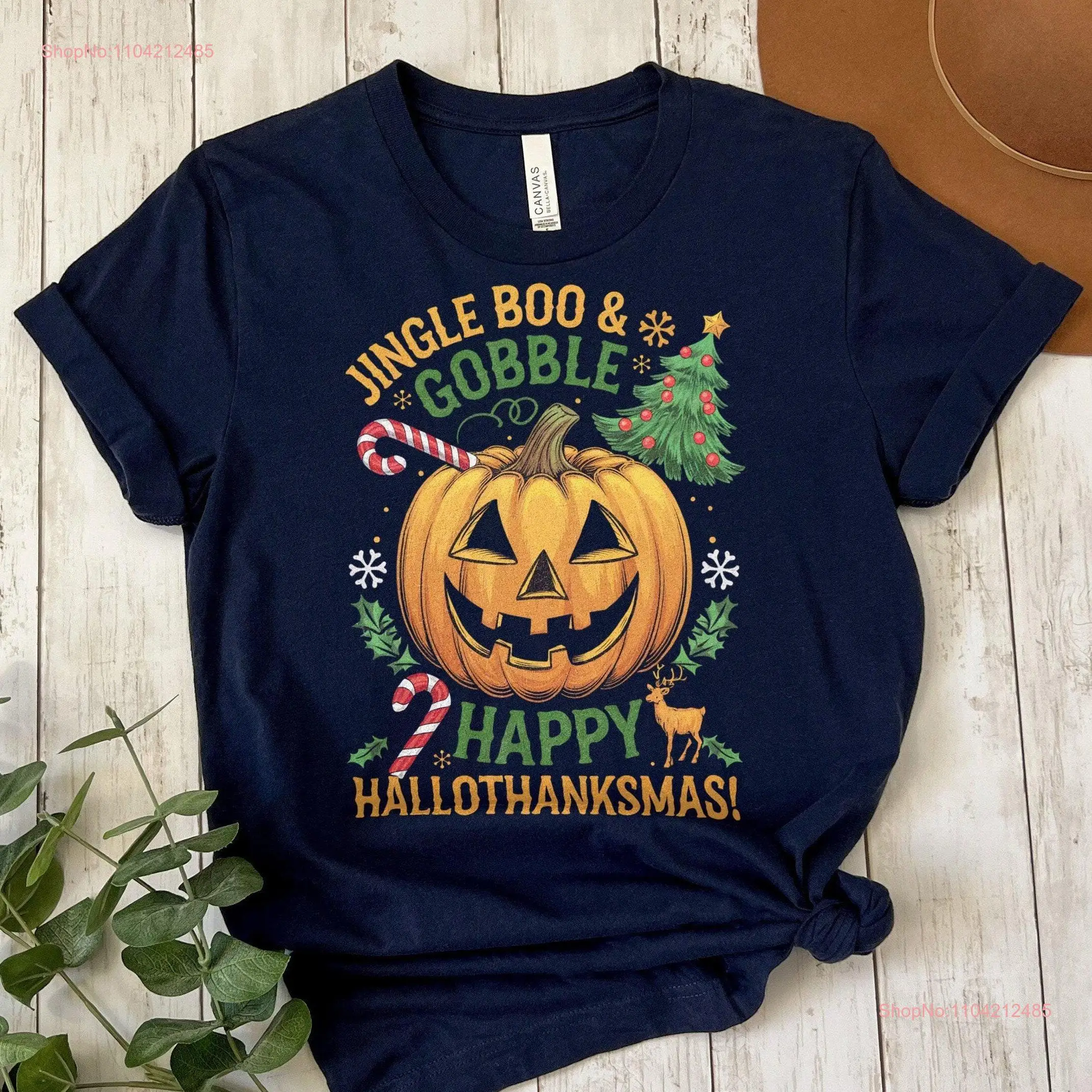 Jingle Boo Gobble Happy HalloThanksMas T Shirt Halloween Thanksgiving Christmas Holiday Festive  long or short sleeves