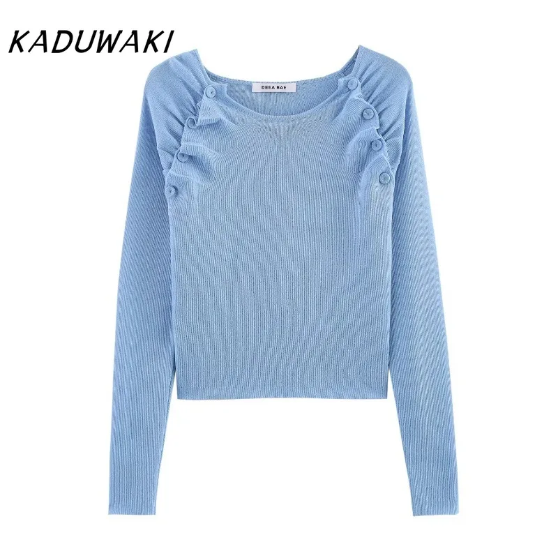 

KADUWAKI Summer French Off Shoulder Pleated Korean Style Knitted Pullovers Base Temperament Atmosphere Sweaters Y2k 여성 반팔 니트