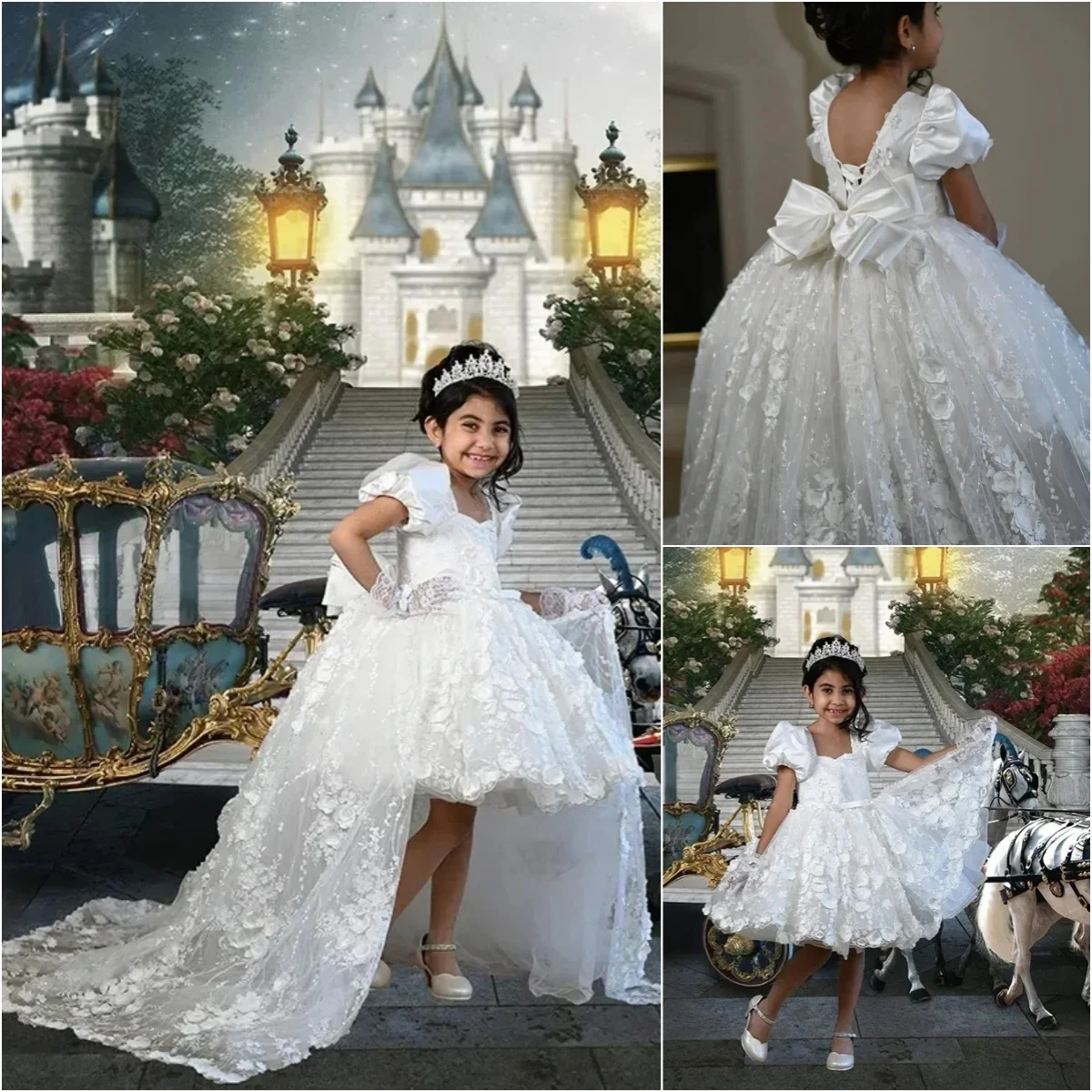 

White Flower Girl Dresses 3D Floral Appliques Girls Pageant Gowns Puffy Kids Birthday Party Dress First Communion Gowns