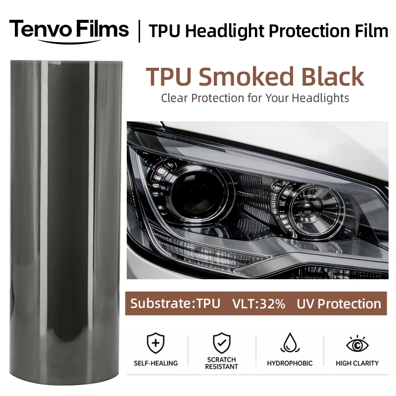 30cm Wide TPU Smoked Black Aliphatic TPU Self‑Healing Headlight Film, UV Blocking, High Stain‑Resistant, No Adhesive Residue