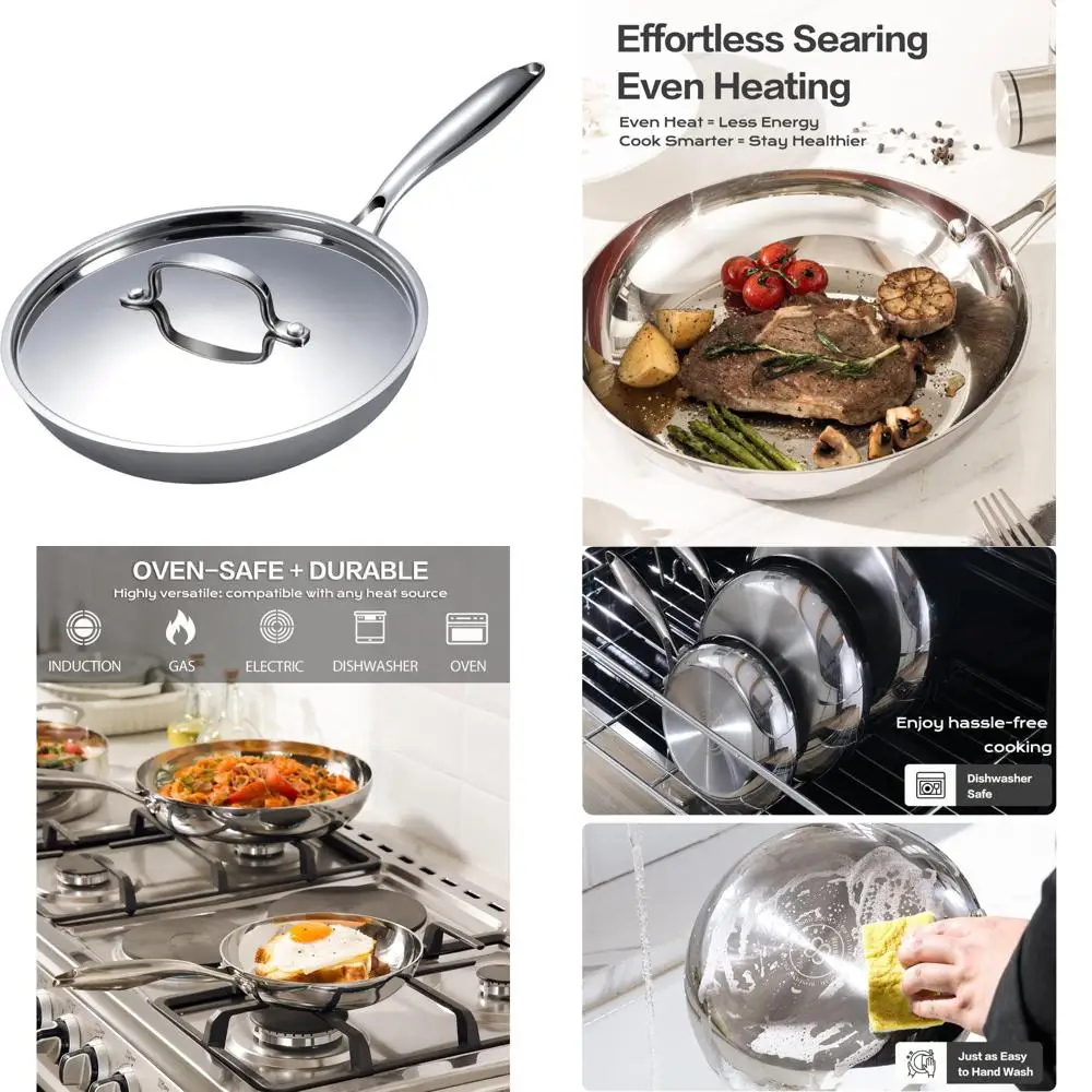 

10 Inch 3-Ply Stainless Steel Frying Pan with Lid, Induction Ready, Oven and Broiler Safe up to 600F, Provides Uniform Heat Dist