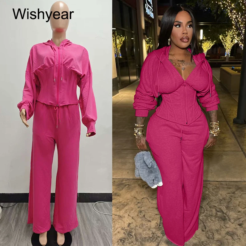 

Autumn Solid Color Hooded Sweatshirt Coat Tops and Wide leg pants 2-Piece Sporty trousers Set Women's Winter Tracksuit Elegant