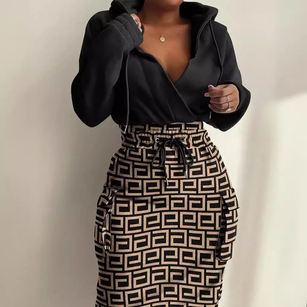 2023 신상 여성 프린트 허리 조임 드레스 포켓 포함 패셔너블한 미드웨이스트 A라인 스커트 긴팔 폴리에스터 드레스