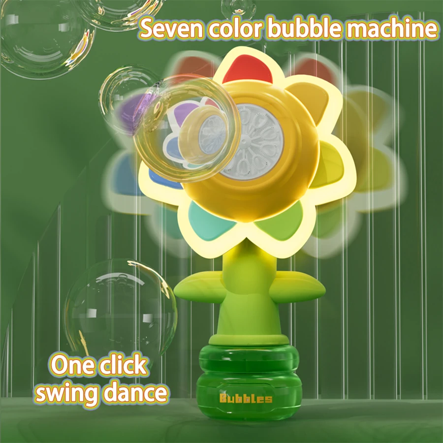 Cute Automatic Bubbles Machine Toys Seven Color Sunflower Shake Head Soap Bubbles Swing Light Blowing Handheld Bubble Kids