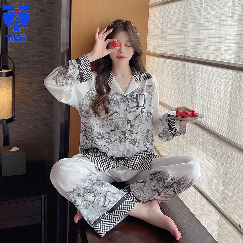 Ink Painting Pajamas Women\'s Spring Autumn 2024 New Ice Silk Long Sleeve Trousers Internet Popular Wind Autumn Home Clothes suit