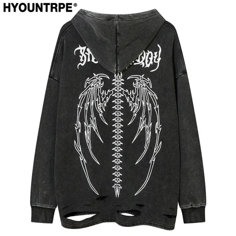 Fashion Skull Printed Hoodies Hip Hop Retro Washed Bottom Ripped Sweatshirt Streetwear Men Hooded Warm Fleece Loose Tops Hoodies