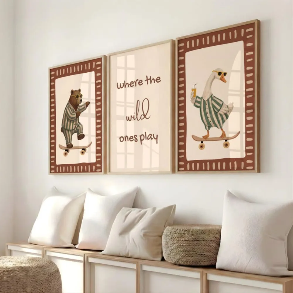 Frameless Skateboard Animal Nursery Wall Art,Bear and Goose Skating Prints,Savage Play Posters,Neutral Bedroom Living Room Decor