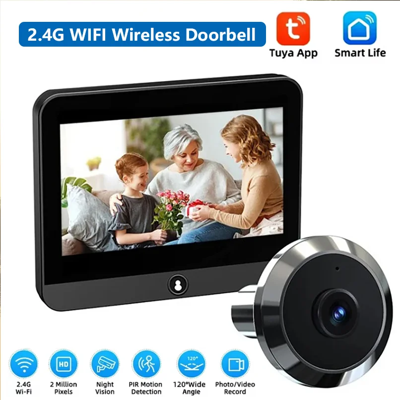 Tuya WiFi ワイヤレスドアベル HD 監視カメラ PIR モーション検出ナイトビジョン 4.3 インチ充電式ビデオドアベル