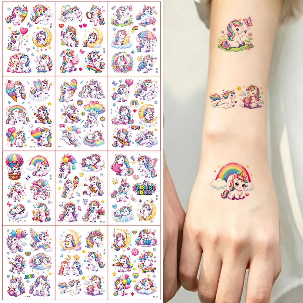 12 Sheets/pack Unicorn Temporary Tattoos Animal Tattoo Stick