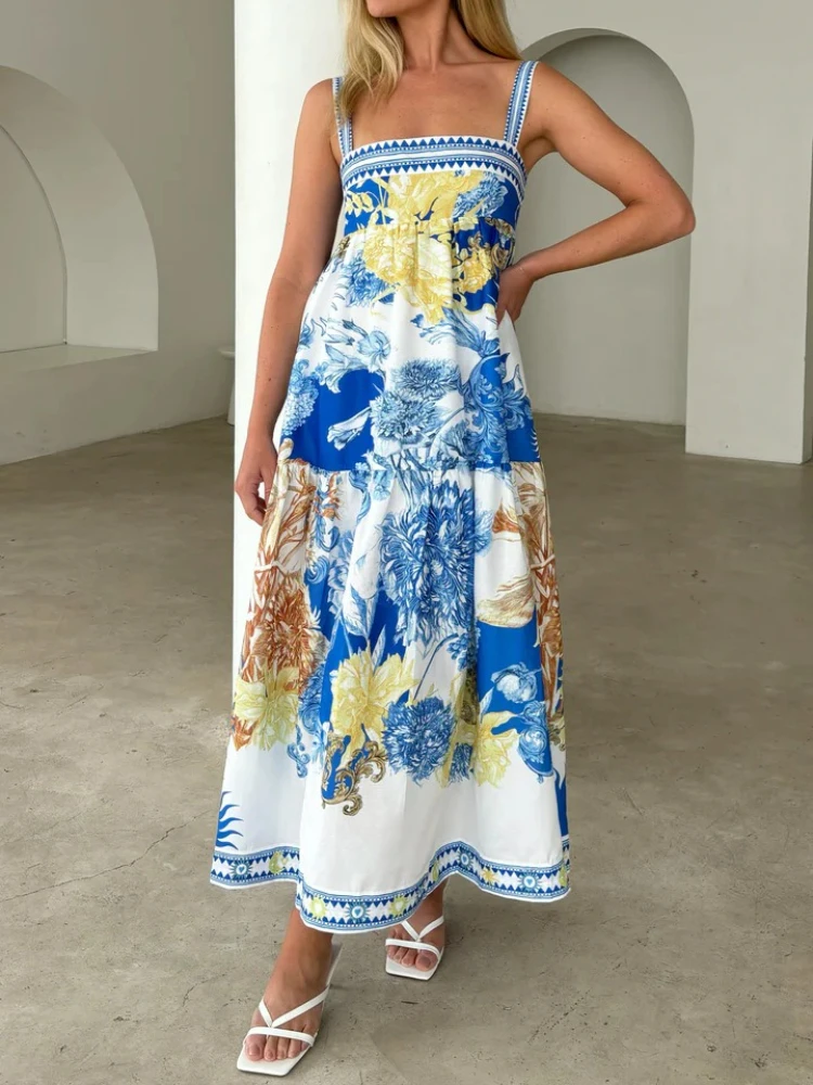 2025 zomermode nieuwe dames elegante riem bedrukte jurk strandvakantie stijl riem bareback a-lijn sexy jurk