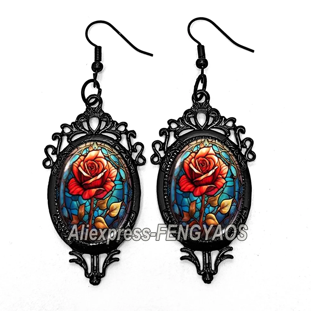 New Punk Red Rose Dangle Earring Flower Art Black Earrings Oval Glass Photo Jewelry Gifts for Halloween