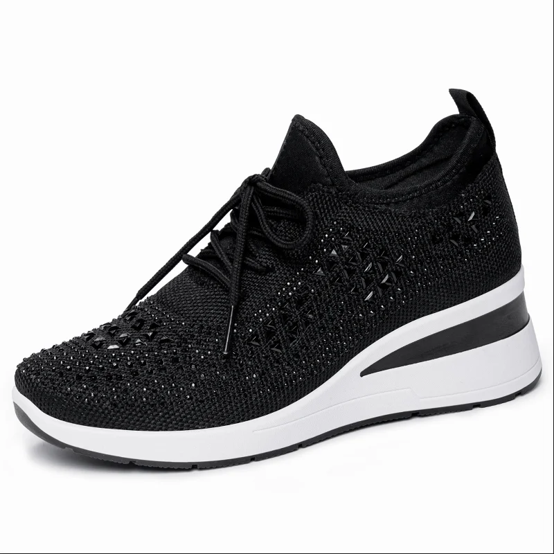 

Women's Shiny Rhinestone Wedge Sneakers Breathable Knit Non Slip Walking Shoes Woman Plus Size Fashion Thick Sole Sneakers