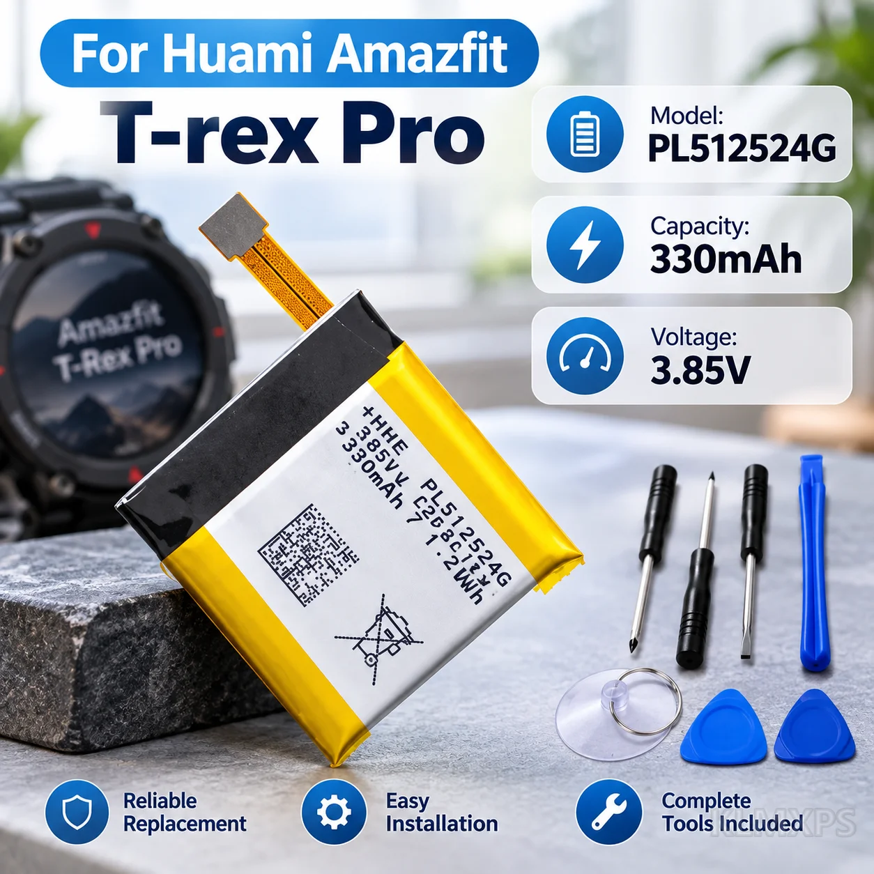 Smart Watch Replacement Battery For Huami Amazfit T-Rex Pro, Res Sport 2, Verge Lite, Stratos II 2, A1609, Ares Bip GTR Sports