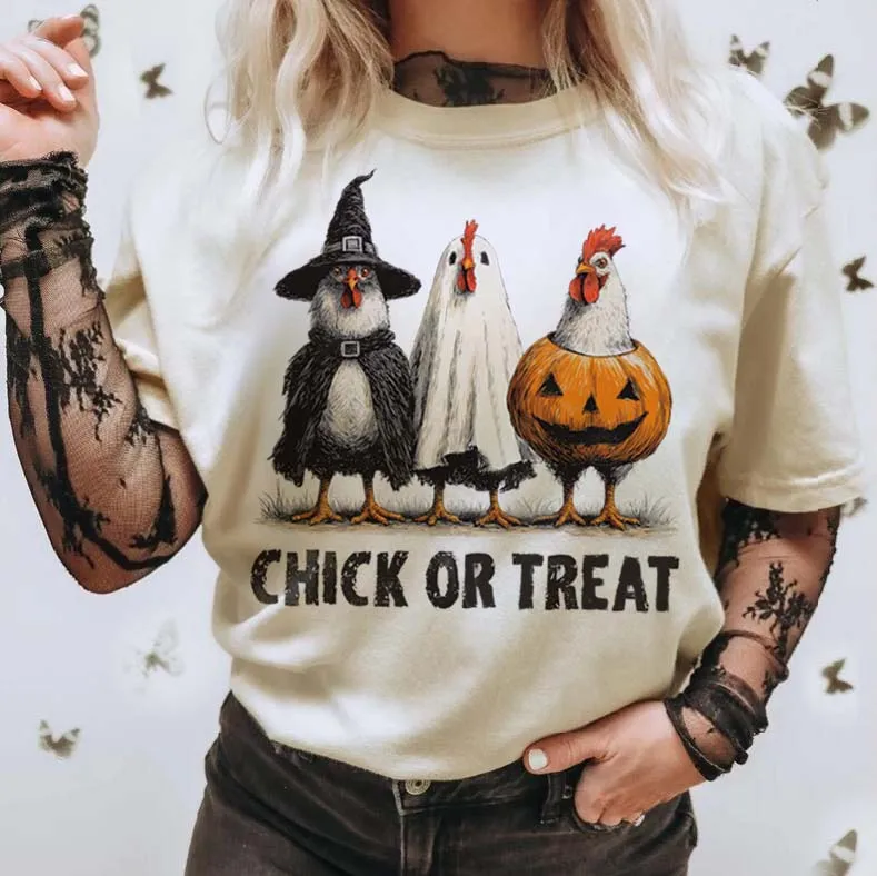 

Футболка с рисунком тыквы, Хэллоуин, милый куриный принт, женская футболка с короткими рукавами и принтом, милая одежда с круглым вырезом, белая футболка