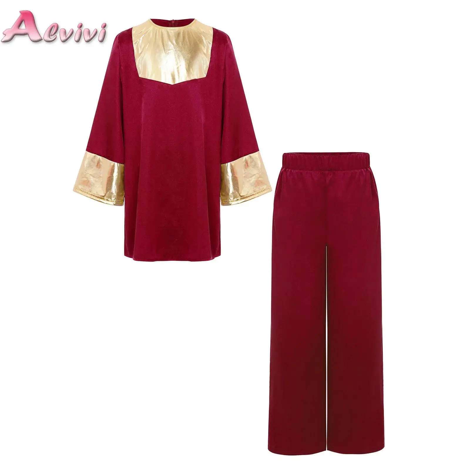 

Kids Boys Girls Liturgical Praise Dance Outfit Worship Ballroom Dance Wear Long Sleeve Metallic Robe with Satin Wide-Leg Pants