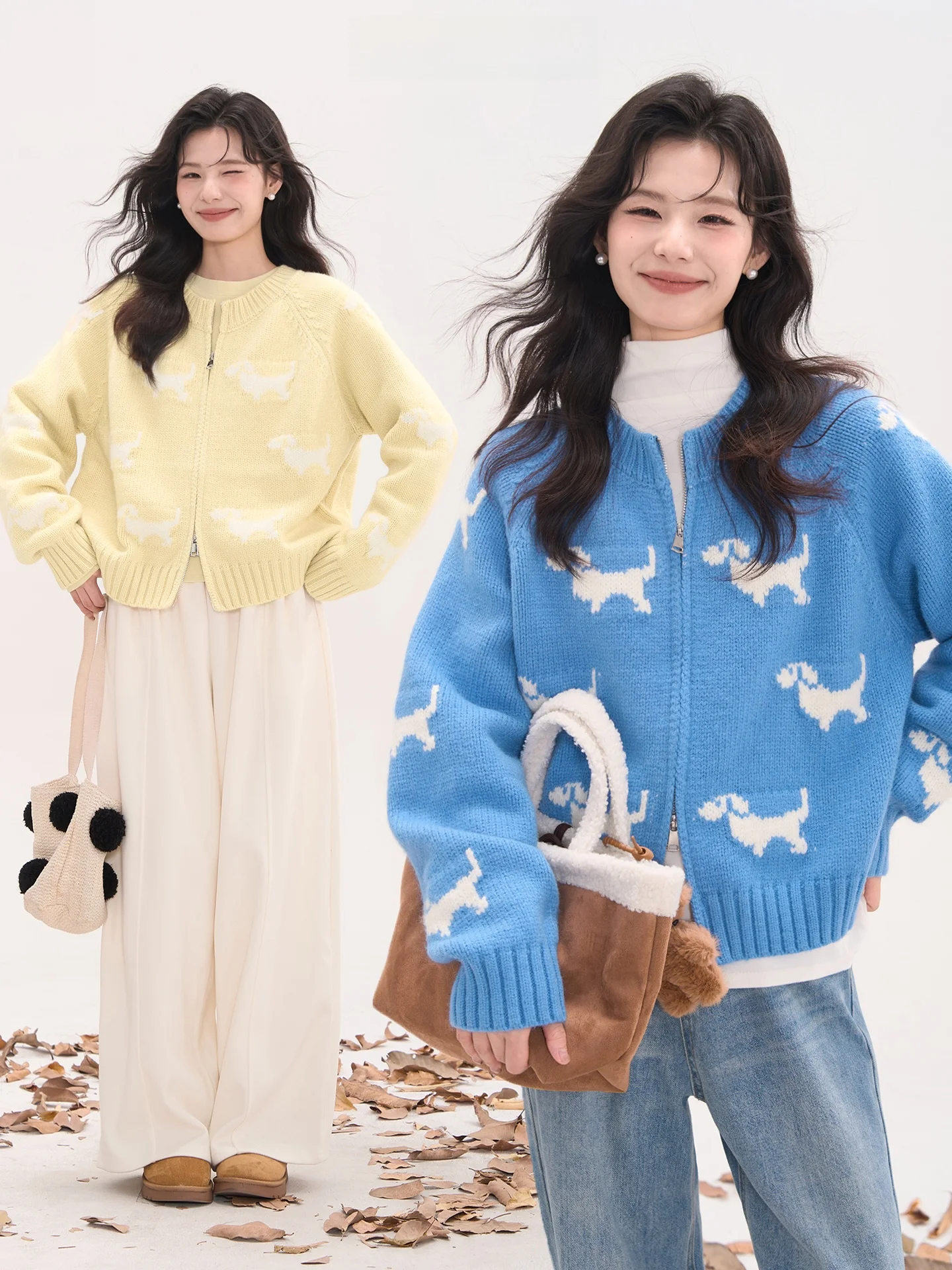 

Wed Doggies Double Zipper Knitted Sweater Women's round Ne Jaet Top Heme Flower Field Window Chinese Pure E-commerce