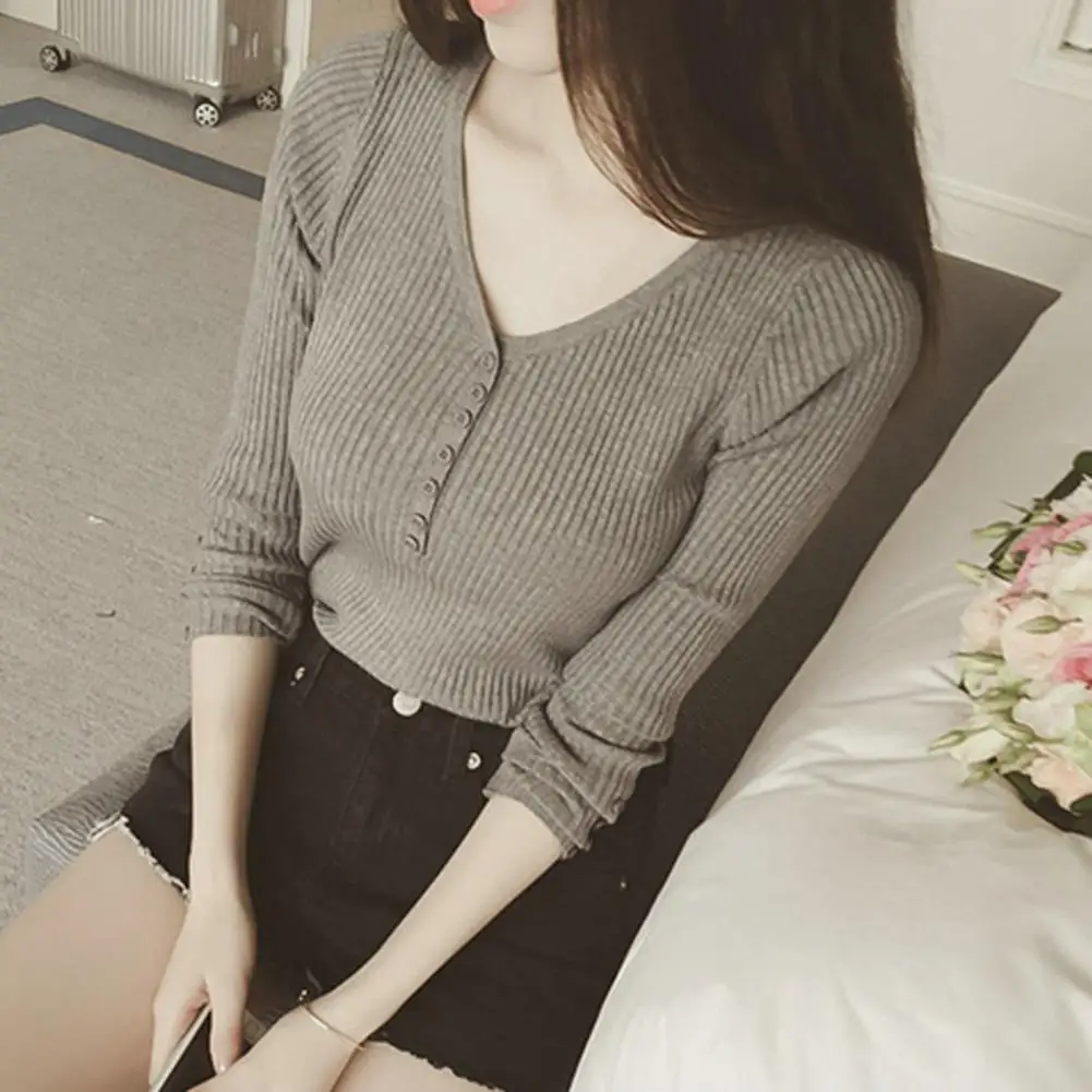 Women Top Knitted Long Sleeve Solid Color V Neck Button Slim Fit Elastic Pullover Soft Bottoming Blouse Lady Winter Sweater