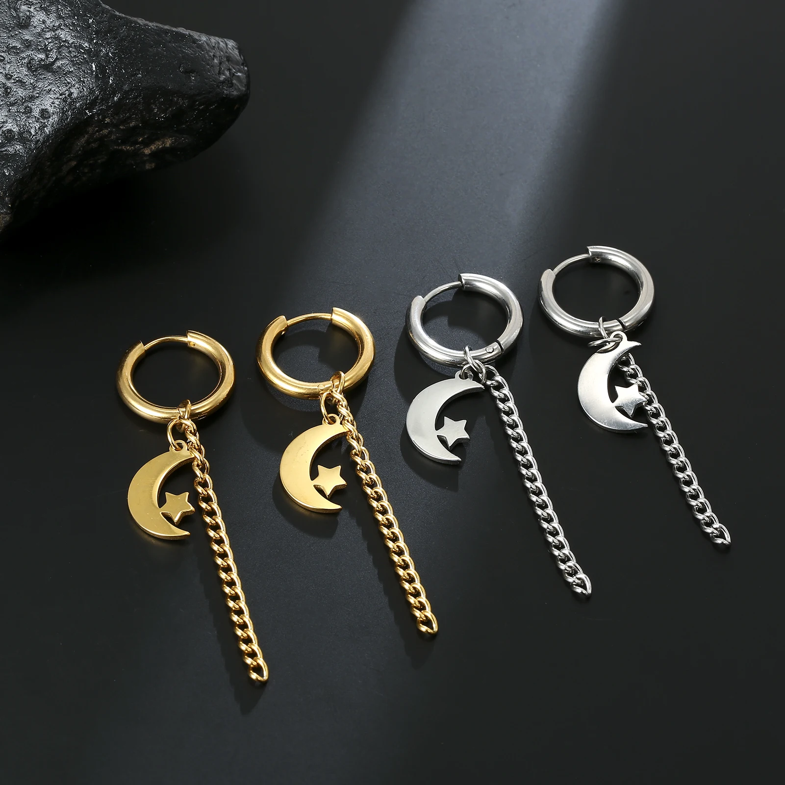 Kkjoy Edelstahl Neue Design Kette Hoop Ohrring Für Frauen Hohl Solide Stern Mond Anhänger Knorpel Ohrring Piercing Schmuck – Detail 22