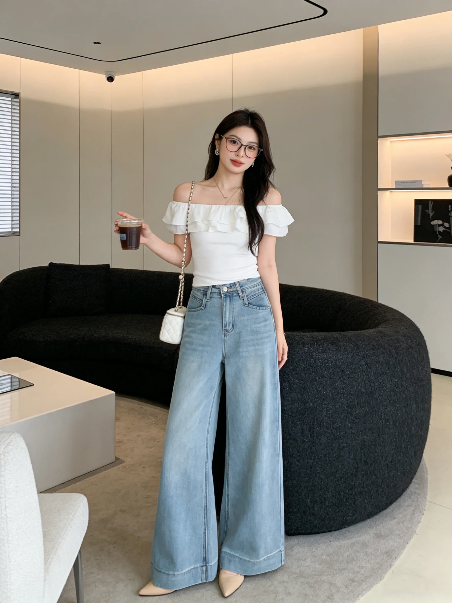

Slimming Wide Leg Jeans Korean Style Loose Casual High Waist Denim Pants Versatile Daily Commute Comfortable Breathable Ladie...