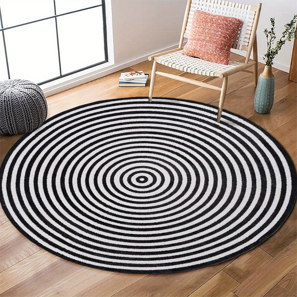 Black White Concentric Circle Optical Illusion Round Rug Flannel Non Slip Modern Geometric Floor Mat for Entryway Living Room
