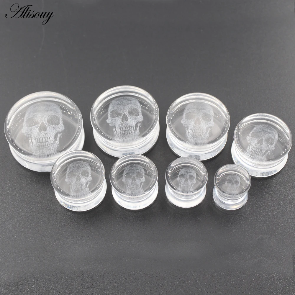 Alisouy 2PCS New Transparent Glass Skull Flared Ear Tunnels Plugs Flesh Stretcher Expander Gauges Earrings Piercing Body Jewelry