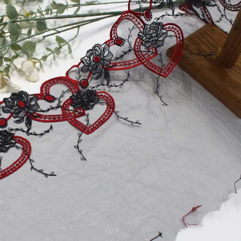 

31Yards Black Red Hearts Embroidery Lace Trim Underwear Bra Skirt Hem Clothes Sewing Material DIY Apparel Dress Fabric