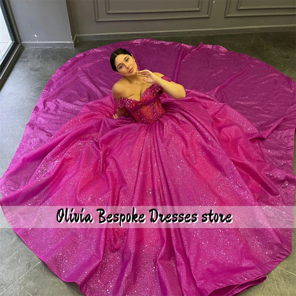 Shimmery Hot Pink Princess Quinceanera Dresses Beads Off The Shoulder Ball Gown 15 Years Old Dress vestidos xv años Customized