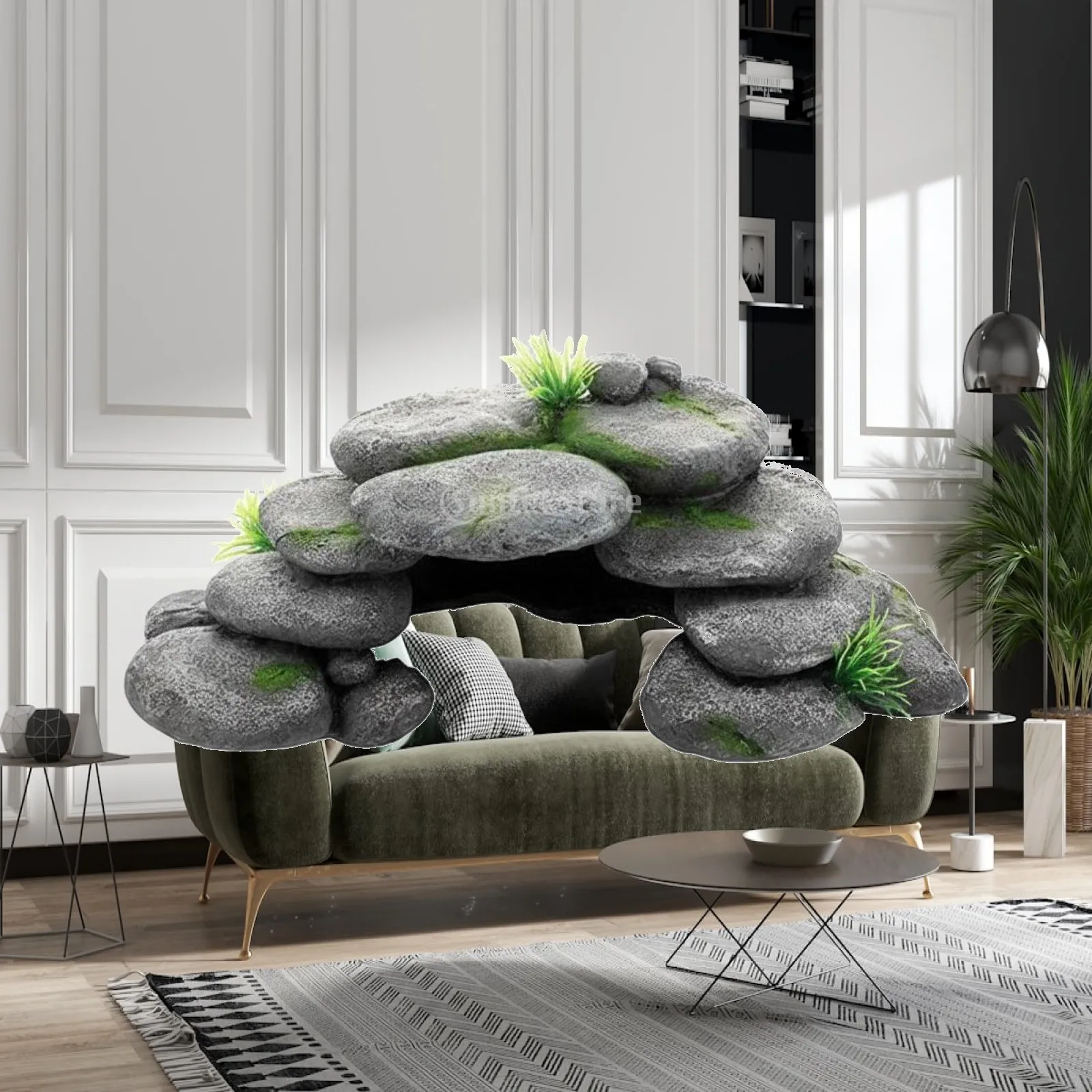 Fish Tank Decoration Resin Stone Cave Hideaway for Aquarium Landscape Naturalistic Pebble Stack with Faux Greenery