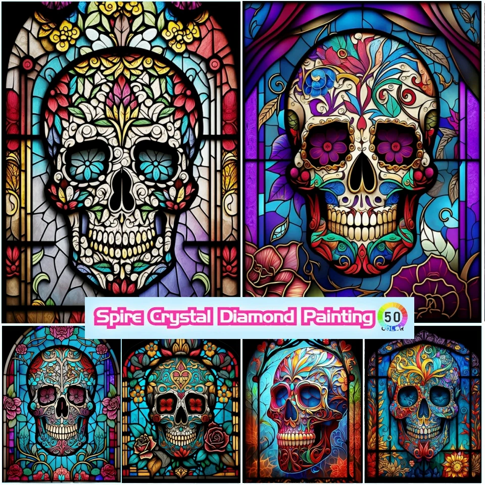 

Stained Glass Crystal Diamond Art Painting Colorful Skull Embroidery Full Drills Cross Stitch Kits 5D Diy Mosaic Home Decor Gift