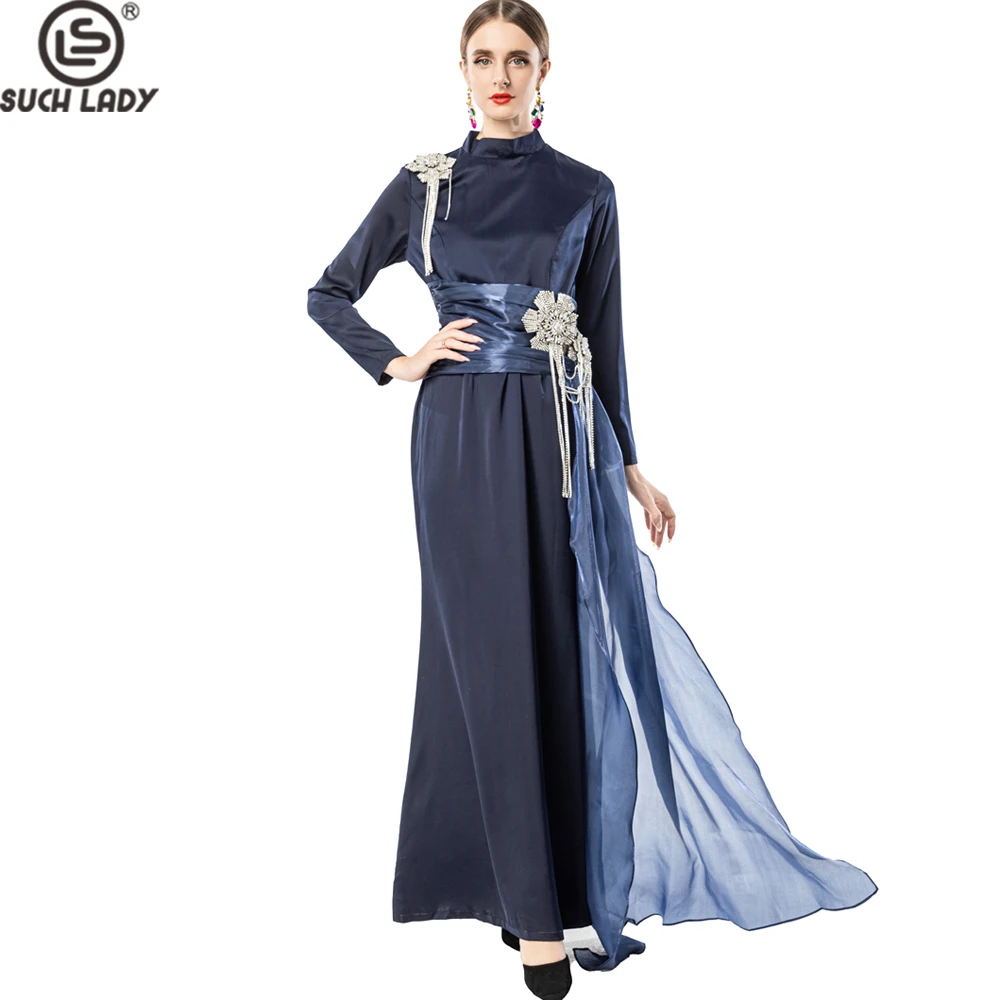 Abito lungo da donna a maniche lunghe blu navy, abito a collo alto impreziosito da fiori con strass e cintura in raso, elegante abito da festa