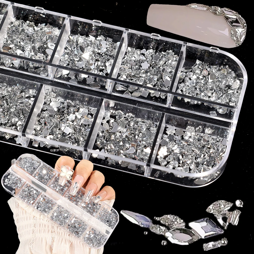 12 Gitter Mini-Nagelkunst-Strasssteine, gemischt, 3D-Acryl mit flachem Boden, Diamantfarbe, weißer Glitzerstein, Maniküre-Dekorationszubehör