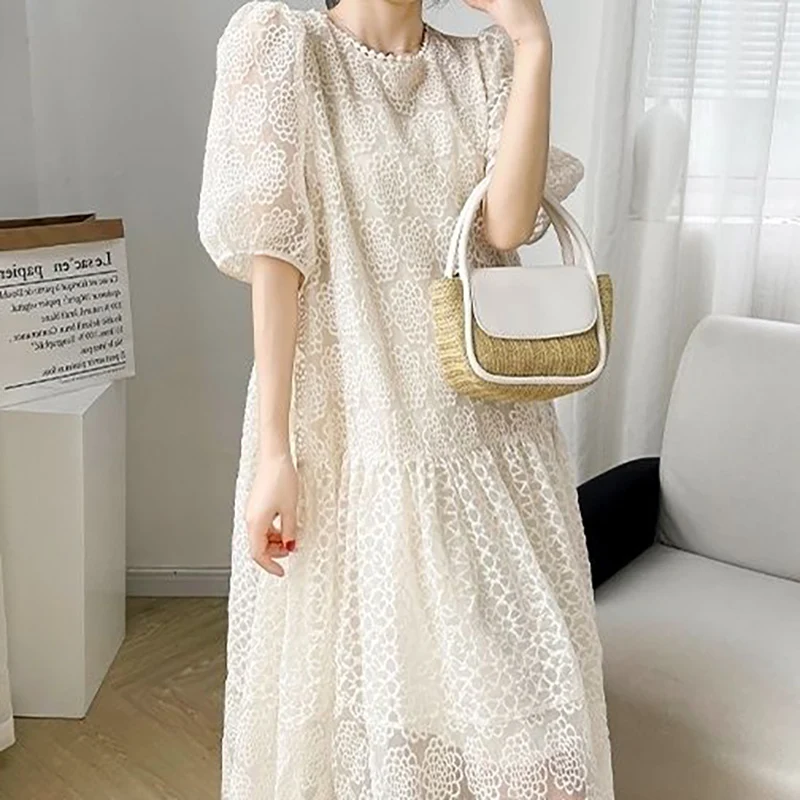 

Fashion O-Neck Lace Up Bow Gauze Puff Sleeve Party Dress Women's Clothing 2024 Summer New Loose Sweet Solid Color Princess Dress