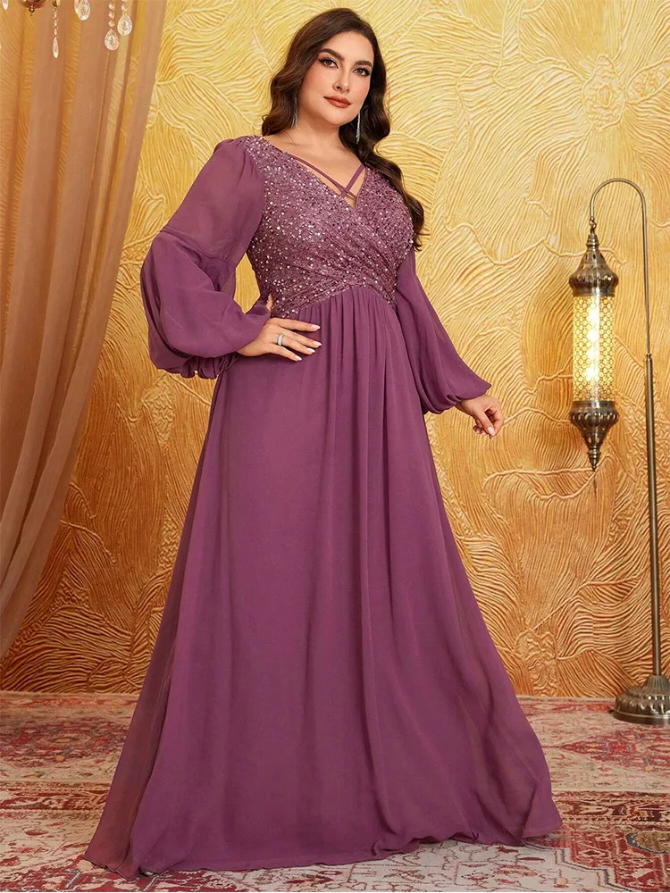 Plus size pink sequined long-sleeved sequined floor-length chiffon evening dress Big Size luxury sparkling banquet Prom Gown