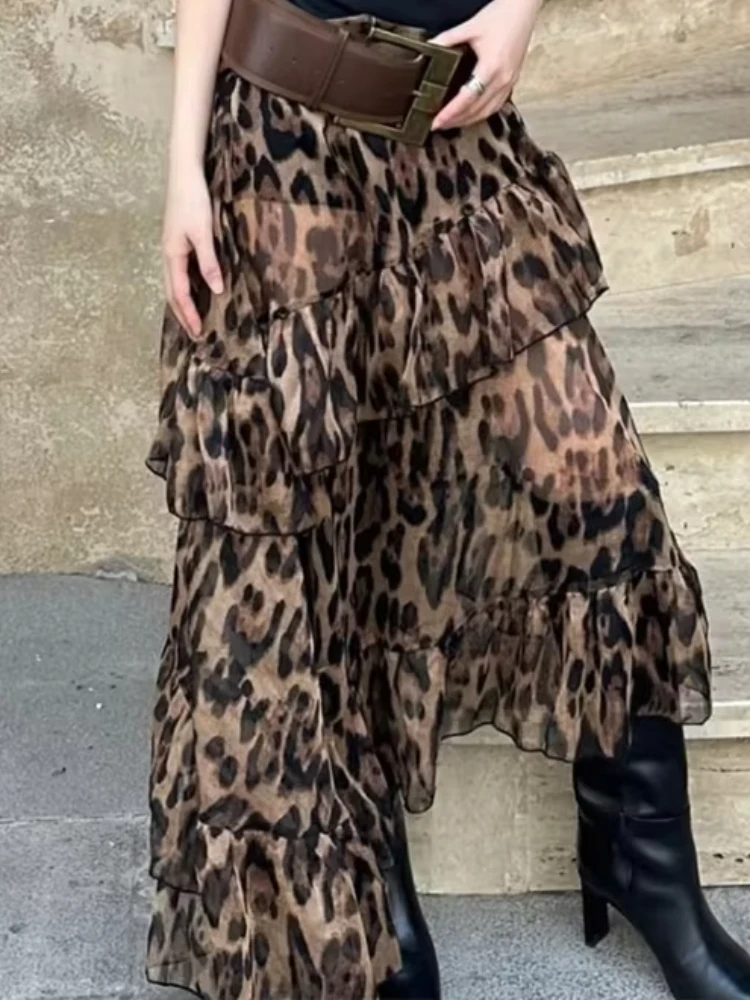 Nibber Summer Ruched Tierred Long Skirt Women Leopard Print High Waist Stretch Bottoms Spicy Girls Fashion Trend Wild Streetwear