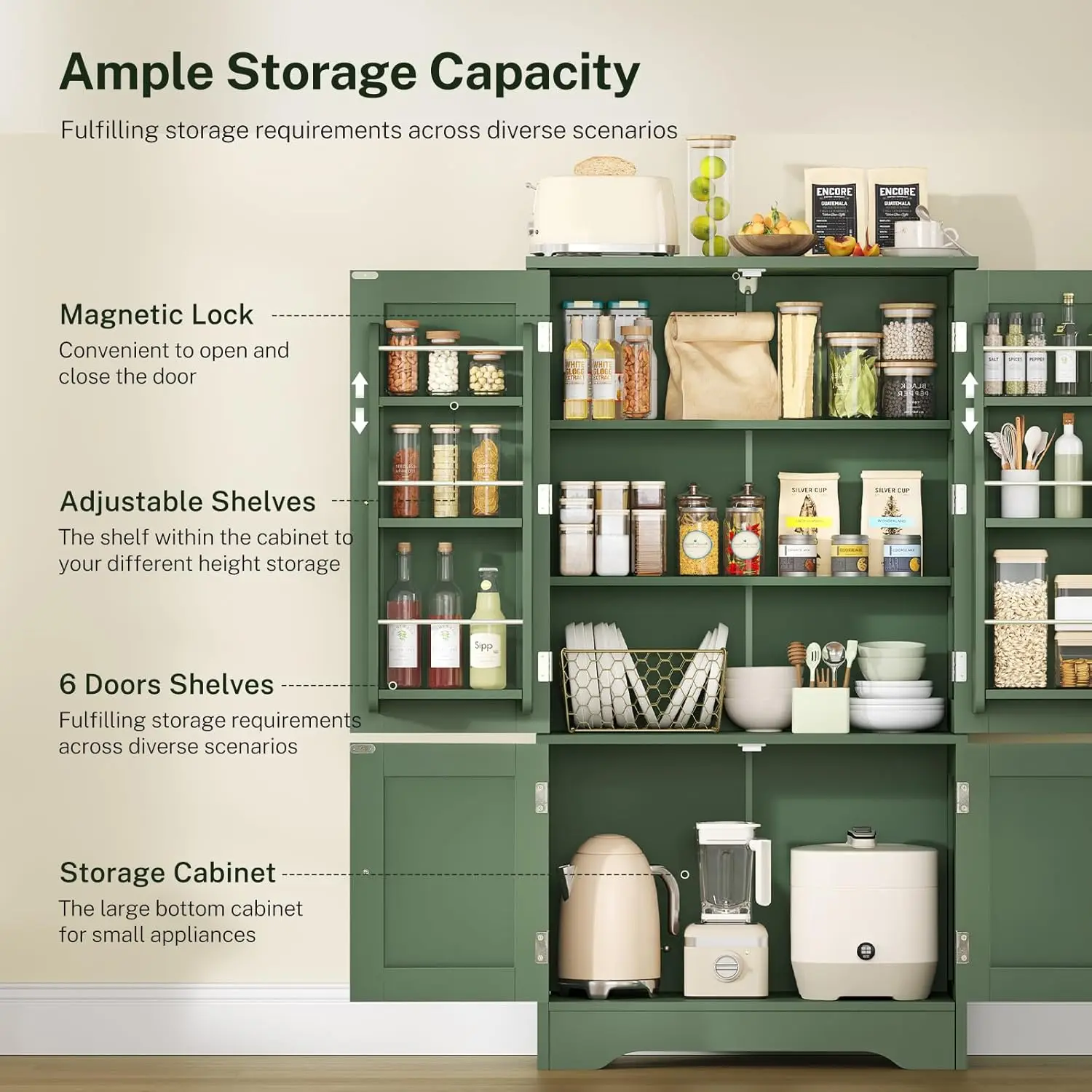 43" H Storage Cabinet with 4 Doors, Kitchen Cabinet with 6 Door Shelves, Kitchen Pantry Cabinets for Living Room, Dining Room, Bathroom, Forest Green view 4