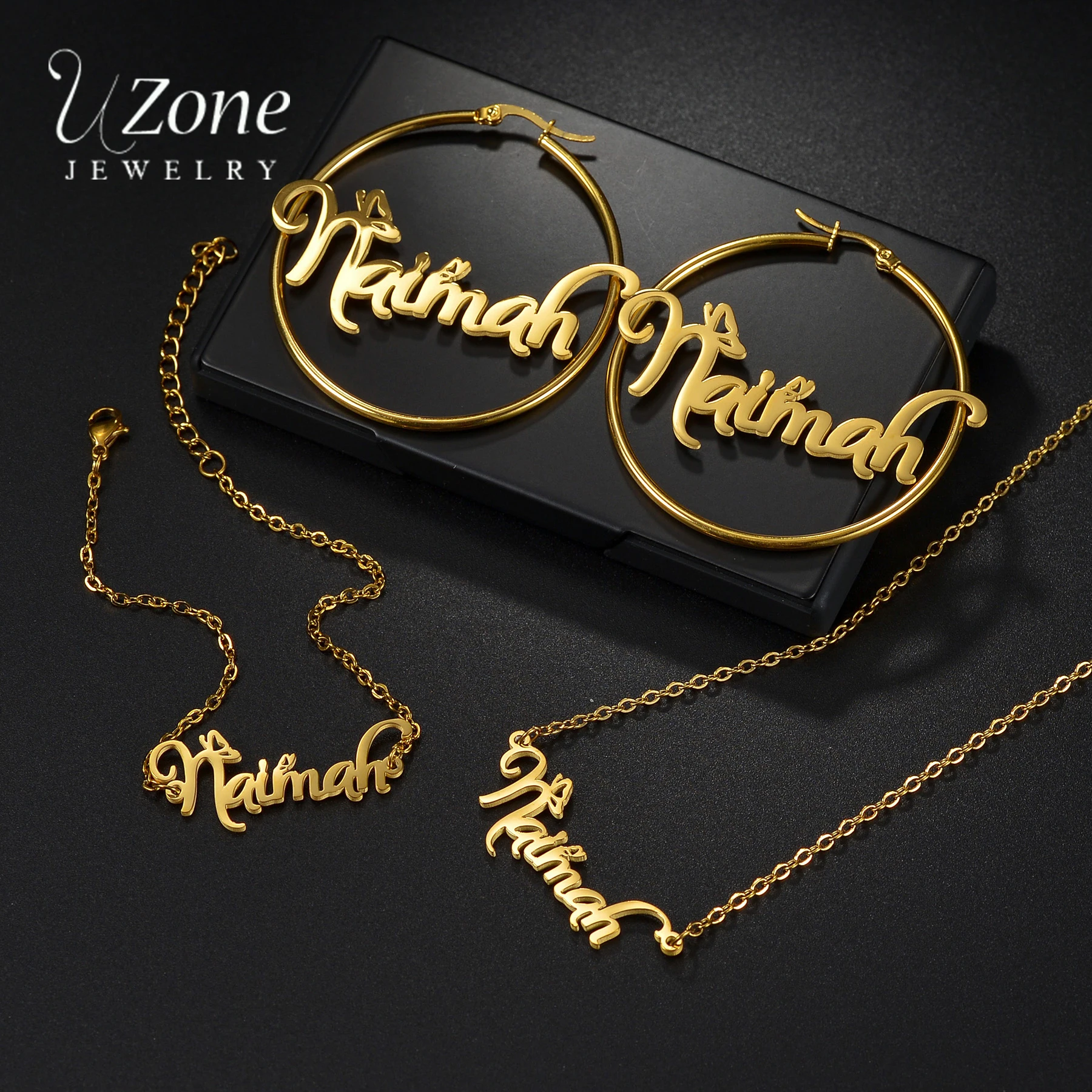 UZone Custom Name Earring Bracelet Necklace Stainless Steel Personlized Name Jewelery Sets for Women Girl Birthday Jewelry Gift