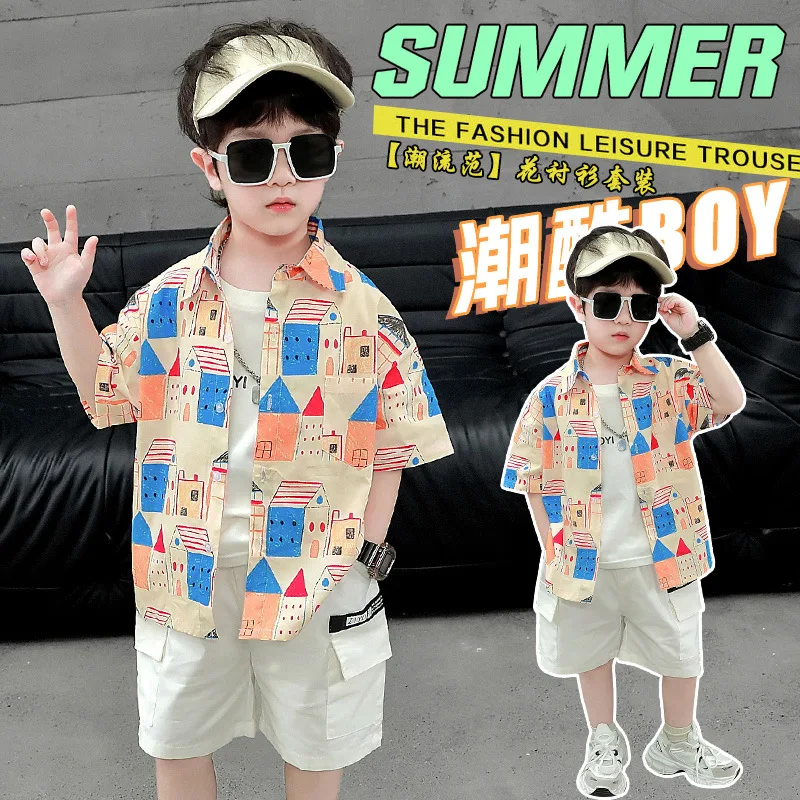 

Boys' Summer 2024 New Thin and Fashionable Cartoon Shirt Cropped Pants Two-piece Set