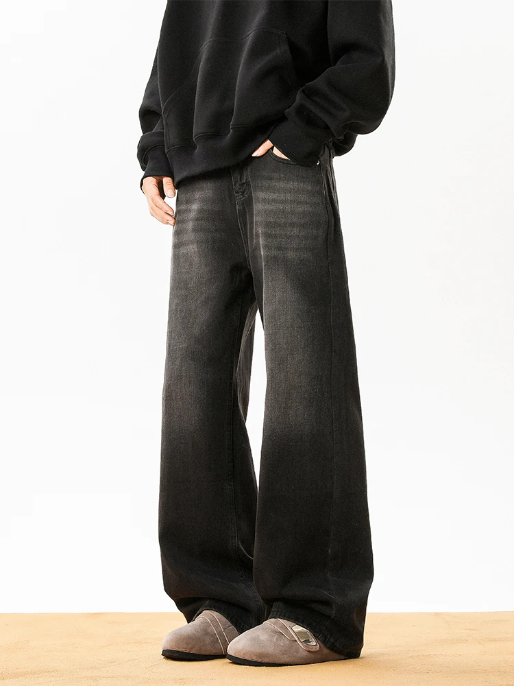 

American Retro Fce Lined Men's Jeans High Street Wide Leg Straight Tube Pants CleanFit Bootcut Trousers Winter Wear