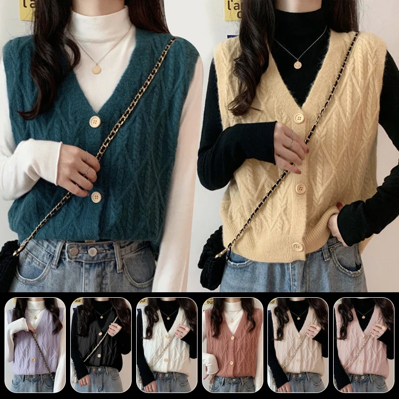 

Women Preppy Style Waistcoat Vintage Autumn Knitted V-neck Vest Sleeveless Sweater Vest Fashion Tops All Match Tank Tops