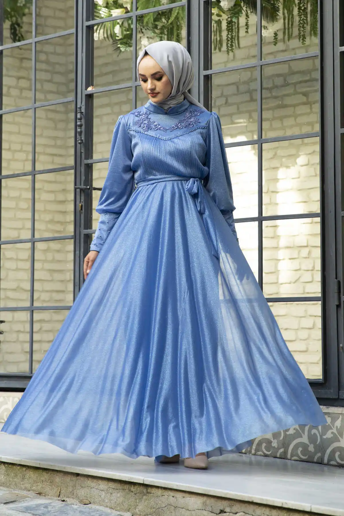 

Filet lace Detaylı Silvery Chiffon Hijab Evening Dresses Blue