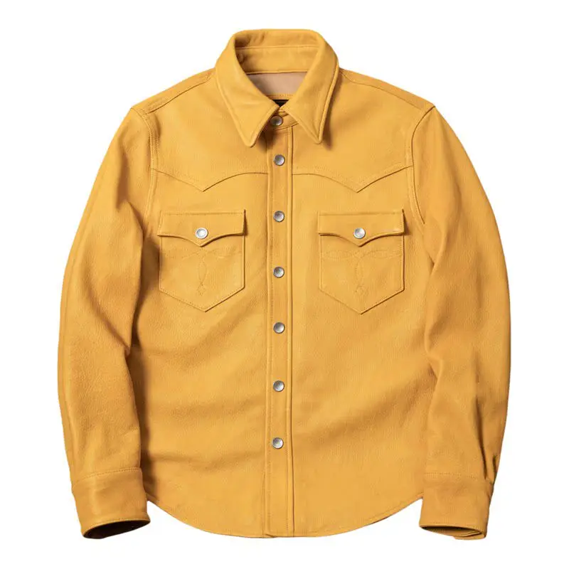Yellow Men's Soft Goatskin Leather Overshirt Spread Collar 2 Sawtooth Snap Pockets Western Yokes Slim Fit Casual Shirt Jacket