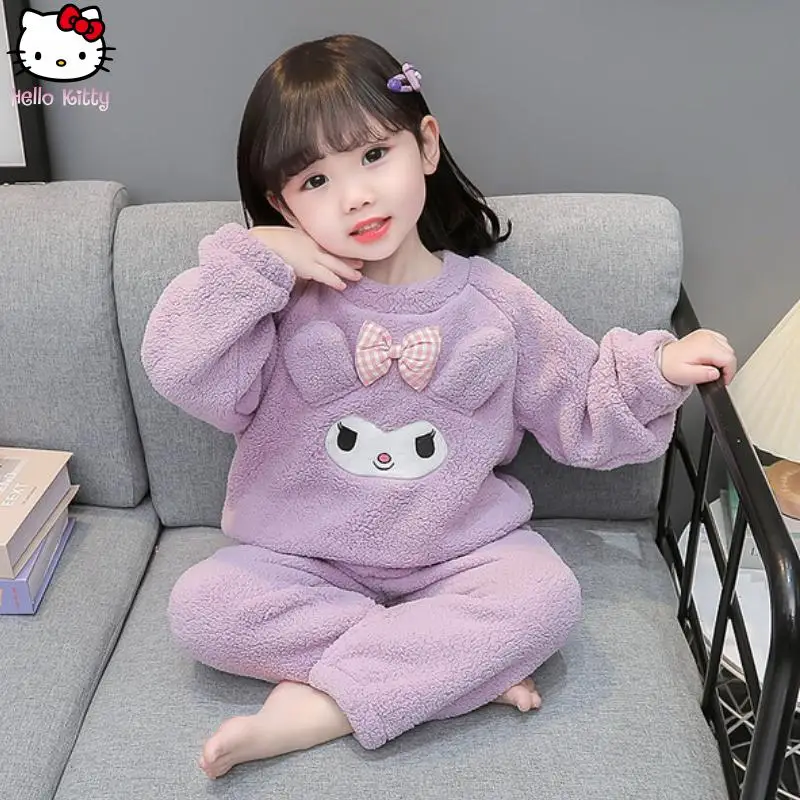 أنيمي الفتيات Kuromi الدافئة بيجامة مجموعة Kawaii الخريف الشتاء جديد الكرتون سانريو الأطفال طويلة الأكمام بنطلون سميكة ملابس المنزل