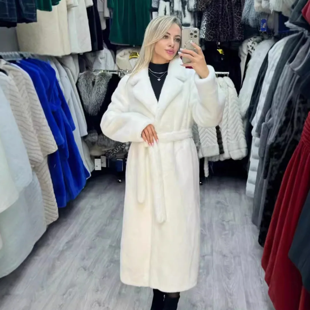 

New Luxury Extended Faux Fur Coat Women Warm Elegant Rabbit Fur-Like Jacket, White Soft Smooth Autumn Winter Fluffy Overcoat